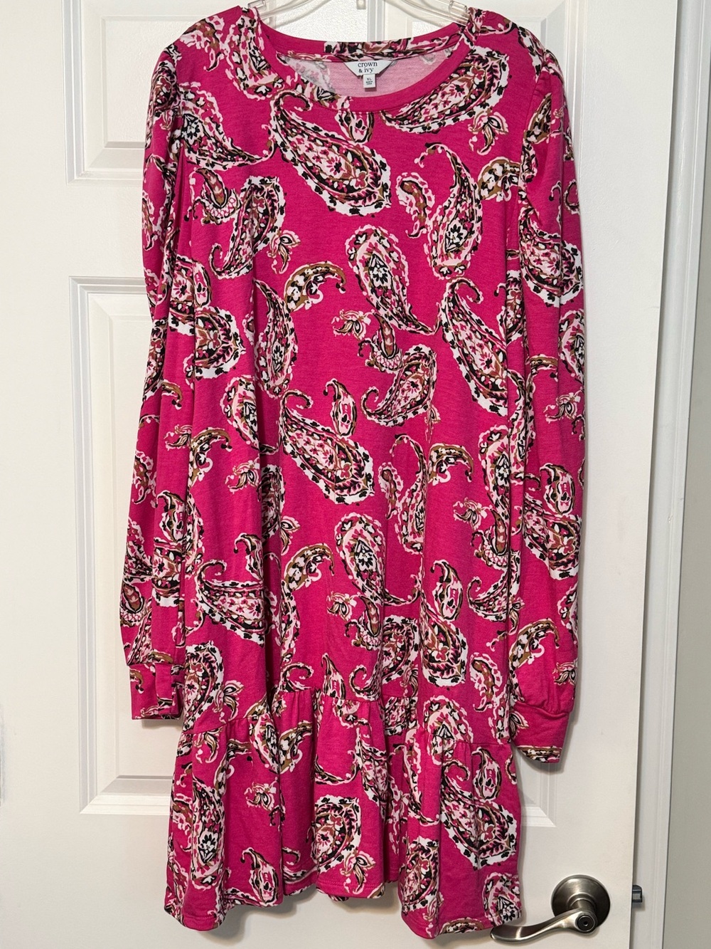 Crown & Ivy Pink Paisley Printed Prairie Ruffle Hem Long Sleeve Mini Dress Sz XL